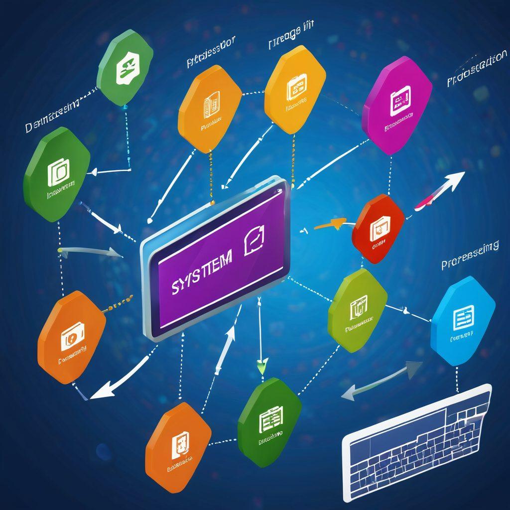 A visually engaging roadmap illustrating the phases of system development: planning, design, implementation, testing, and delivery. Each phase represented with distinct icons and vibrant colors, interconnected with arrows symbolizing progression. The background showcases a digital workspace with laptops and flowcharts, highlighting collaboration and innovation. super-realistic. vibrant colors. 3D.