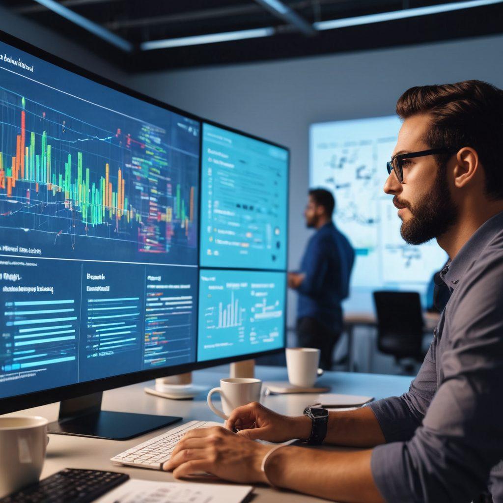 A professional consultant guiding a diverse team of software developers in a modern office setting, analyzing a large digital project roadmap on a screen. Incorporate elements like code snippets, brainstorming notes, and coffee mugs throughout the workspace. Capture a collaborative and focused atmosphere with dynamic expressions. vibrant colors. 3D.