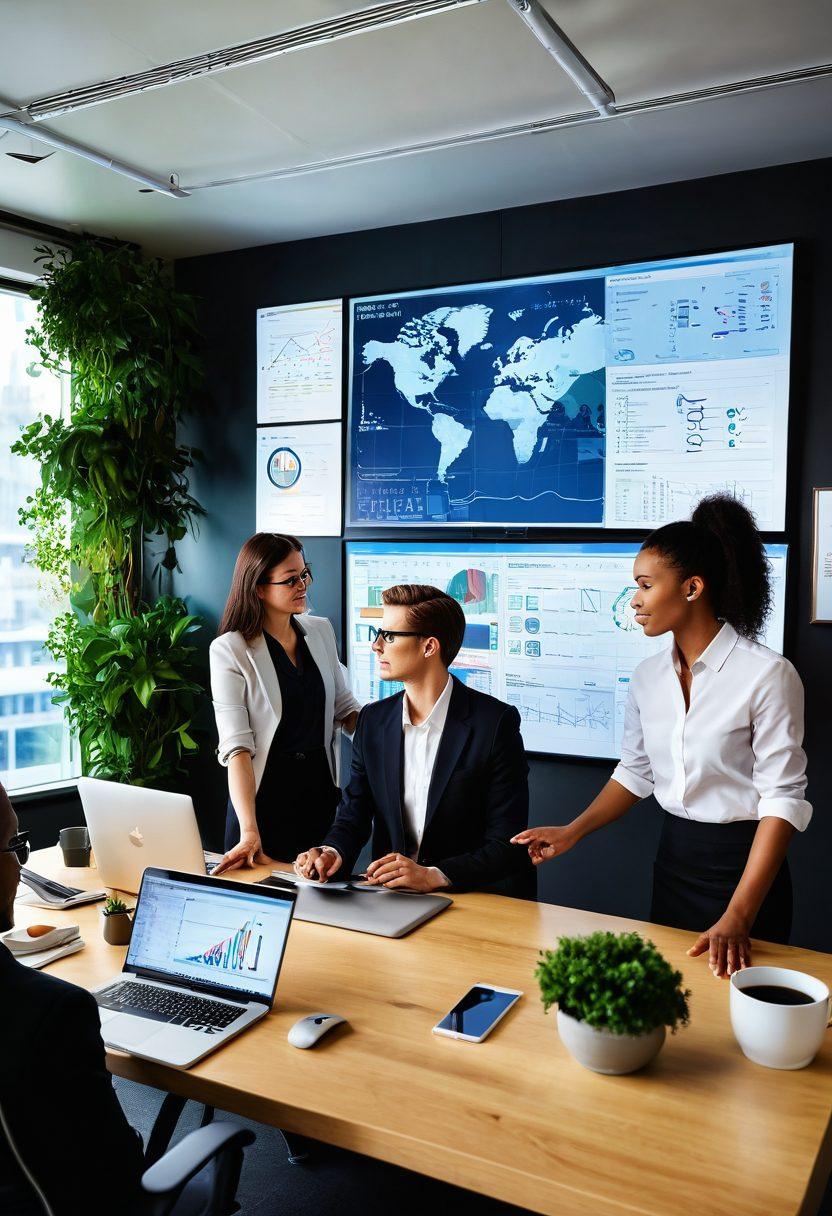 A dynamic scene showing a diverse group of professionals collaborating around a large digital display filled with strategic charts and software project diagrams. The individuals exhibit diverse ethnicities and genders, showcasing inclusive teamwork. The setting is a modern, bright office with innovative design elements, filled with greenery to symbolize growth. The atmosphere is vibrant, exuding a sense of synergy and forward-thinking. super-realistic. vibrant colors. modern office style.